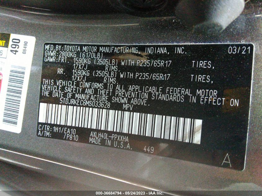 2021 TOYOTA SIENNA XLE - 5TDJRKEC6MS033628