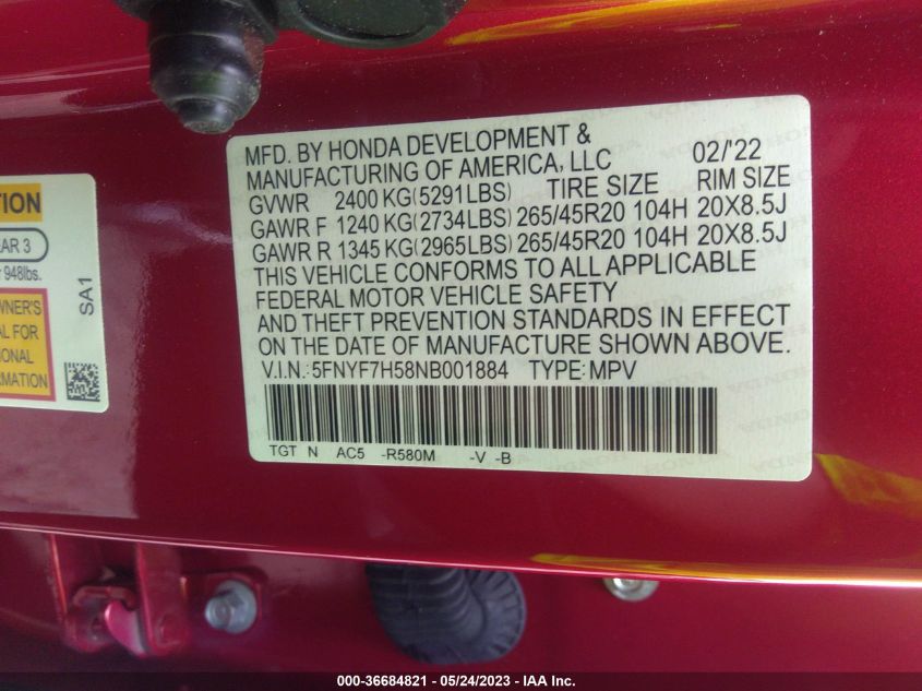 2022 HONDA PASSPORT EX-L - 5FNYF7H58NB001884