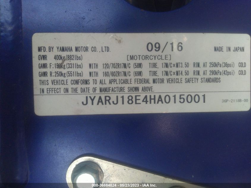 2017 YAMAHA FZ6 R - JYARJ18E4HA015001