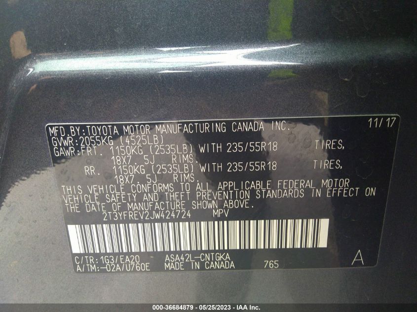 2018 TOYOTA RAV4 LIMITED/PLATINUM - 2T3YFREV2JW424724