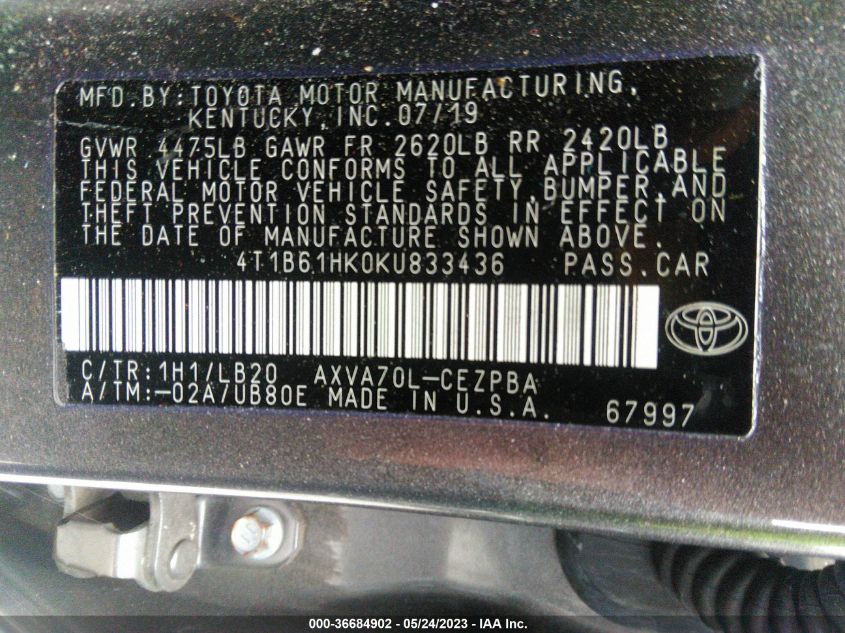 2019 TOYOTA CAMRY XSE - 4T1B61HK0KU833436