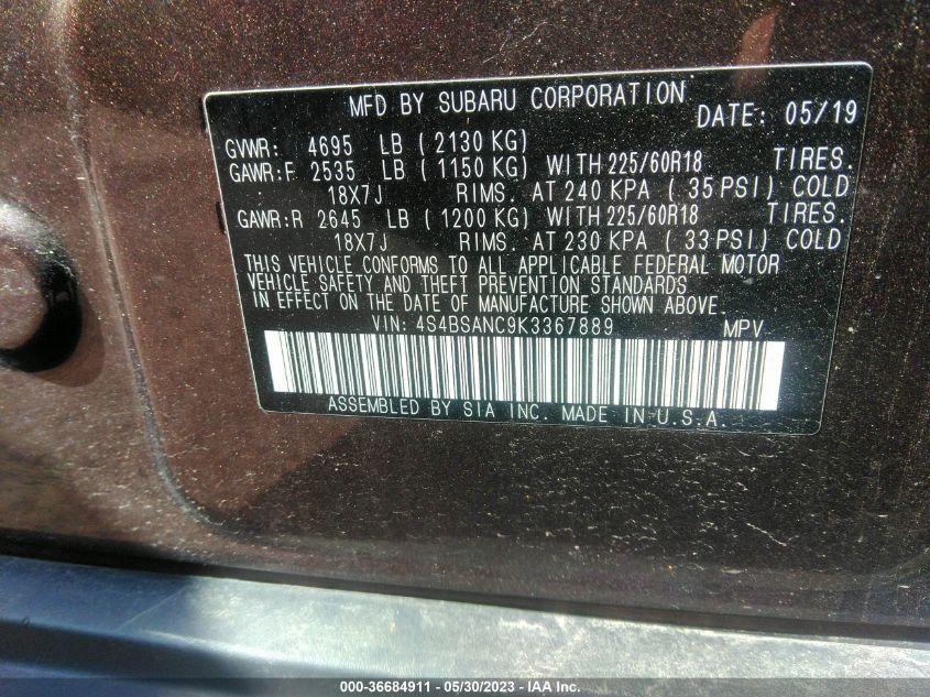 2019 SUBARU OUTBACK LIMITED - 4S4BSANC9K3367889