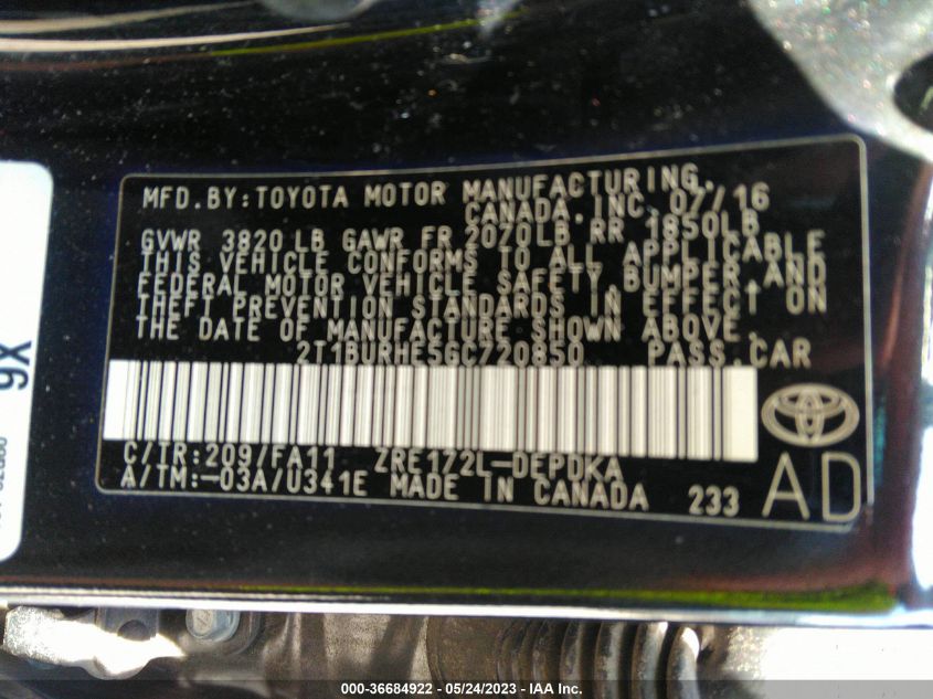 2016 TOYOTA COROLLA L/LE/S/S PLUS/LE PLUS - 2T1BURHE5GC720850