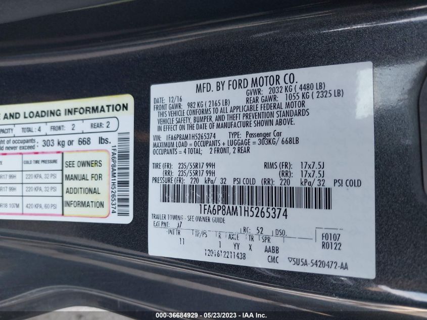 2017 FORD MUSTANG V6 - 1FA6P8AM1H5265374