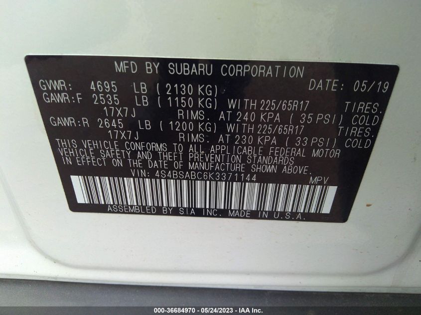 2019 SUBARU OUTBACK 4S4BSABC6K3371144