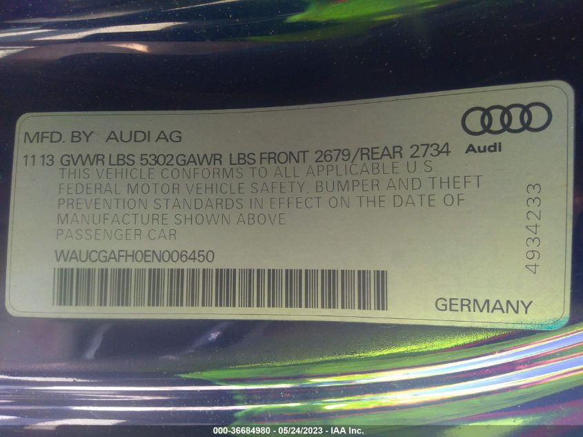 2014 AUDI S5 PREMIUM PLUS - WAUCGAFH0EN006450