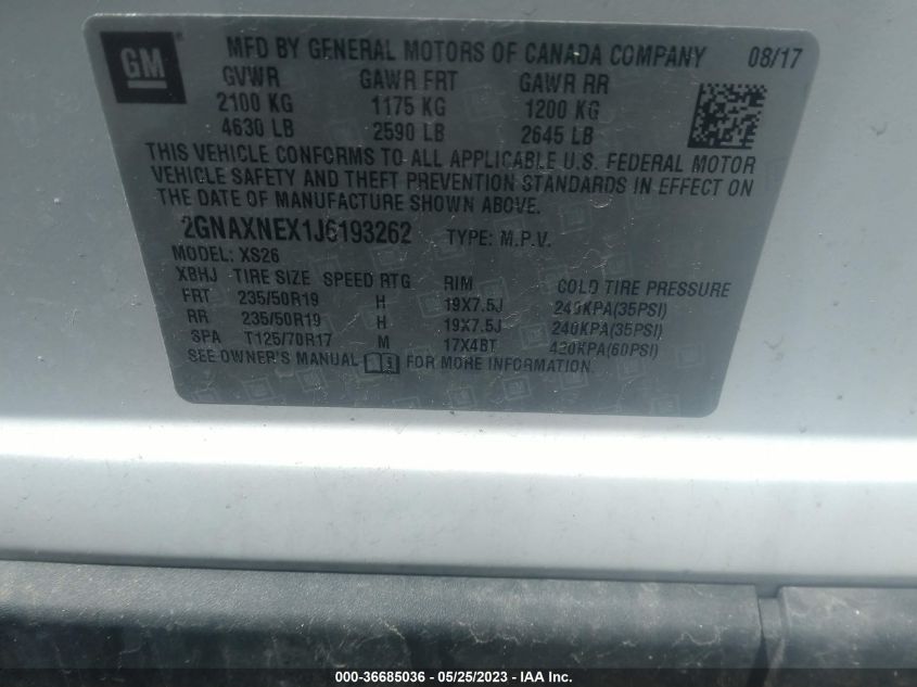 2018 CHEVROLET EQUINOX PREMIER - 2GNAXNEX1J6193262