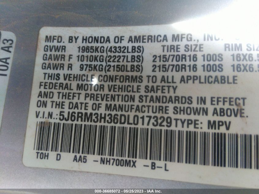 2013 HONDA CR-V LX 5J6RM3H36DL017329