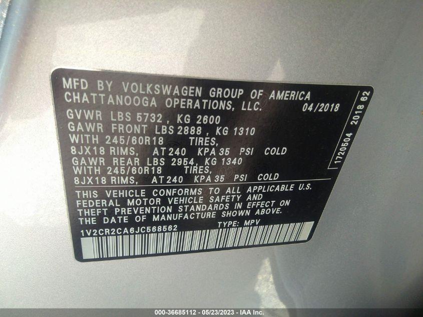 2018 VOLKSWAGEN ATLAS 3.6L V6 SE - 1V2CR2CA6JC568562