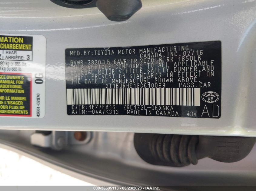2016 TOYOTA COROLLA L/LE/S/S PLUS/LE PLUS - 2T1BURHE1GC610099