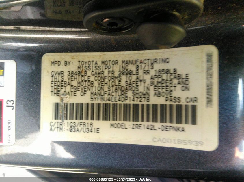 2013 TOYOTA COROLLA L/LE/S - 5YFBU4EE4DP147278