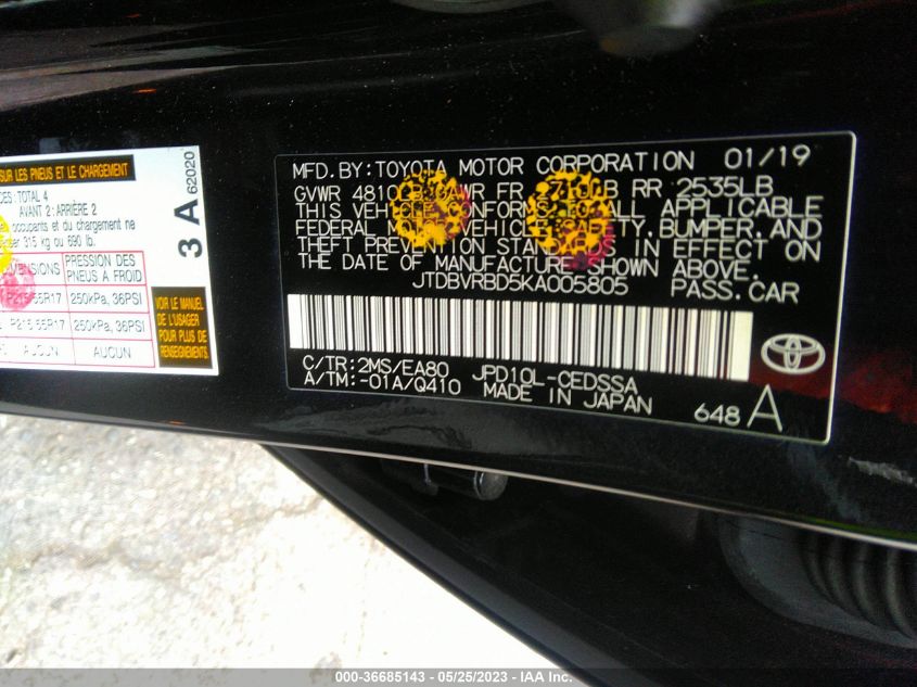 2019 TOYOTA MIRAI JTDBVRBD5KA005805