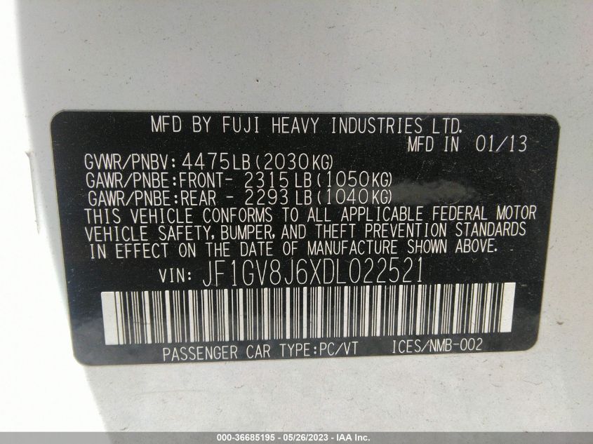 2013 SUBARU IMPREZA SEDAN WRX WRX STI JF1GV8J6XDL022521