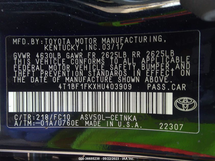 2017 TOYOTA CAMRY XLE/SE/LE/XSE - 4T1BF1FKXHU403909