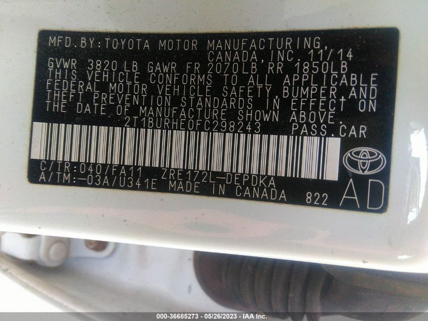 2015 TOYOTA COROLLA L/LE/S/S PLUS/LE PLUS - 2T1BURHE0FC298243