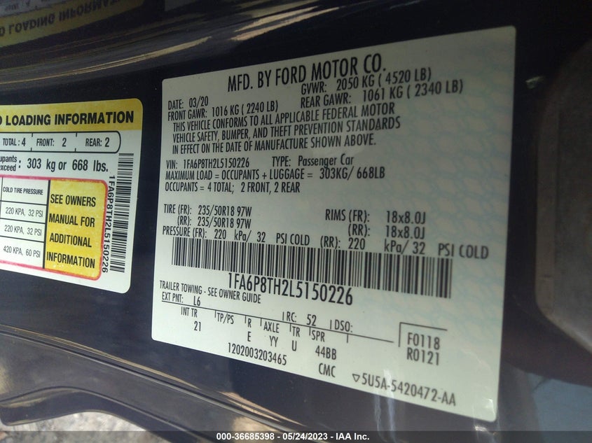 VIN 1FA6P8TH2L5150226 2020 FORD MUSTANG ECOBOOST