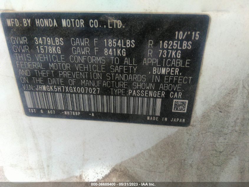 2016 HONDA FIT EX - JHMGK5H7XGX007027