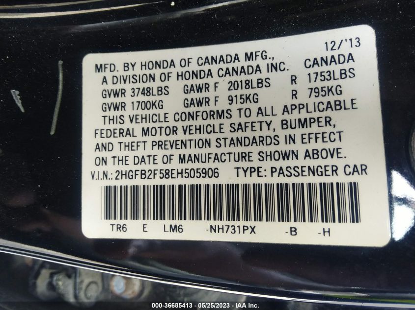 2014 HONDA CIVIC SEDAN LX - 2HGFB2F58EH505906