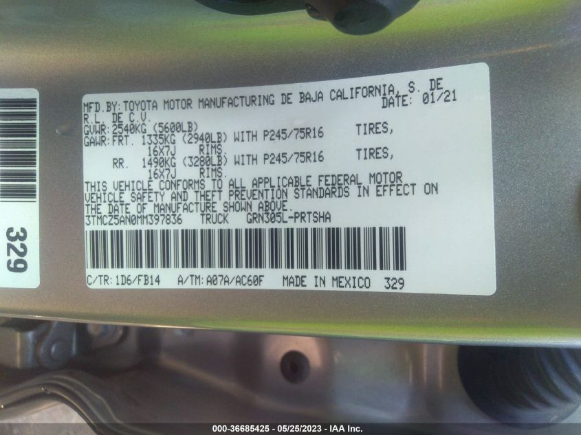 2021 TOYOTA TACOMA 4WD SR/SR5/TRD SPORT - 3TMCZ5AN0MM397836