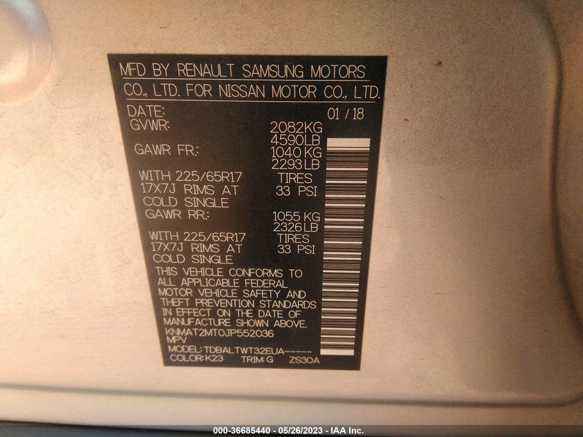 VIN KNMAT2MT0JP552036 2018 NISSAN ROGUE SV
