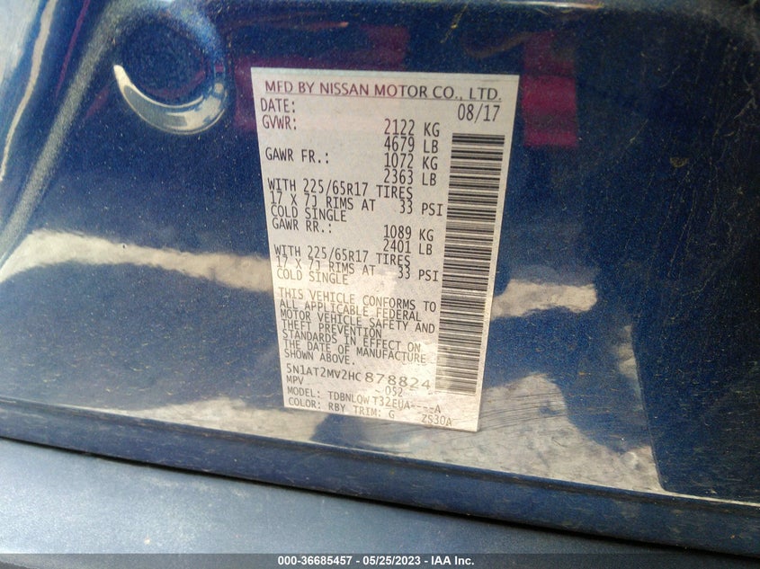 VIN 5N1AT2MV2HC878824 2017 NISSAN ROGUE SV