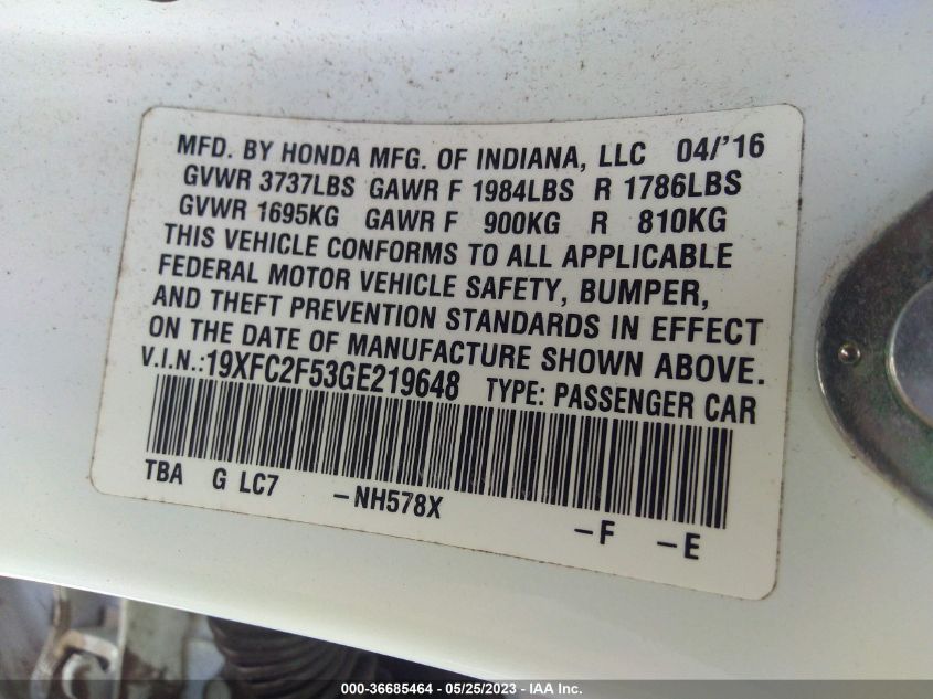 2016 HONDA CIVIC SEDAN LX - 19XFC2F53GE219648