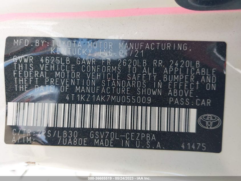 2021 TOYOTA CAMRY XSE V6 - 4T1KZ1AK7MU055009