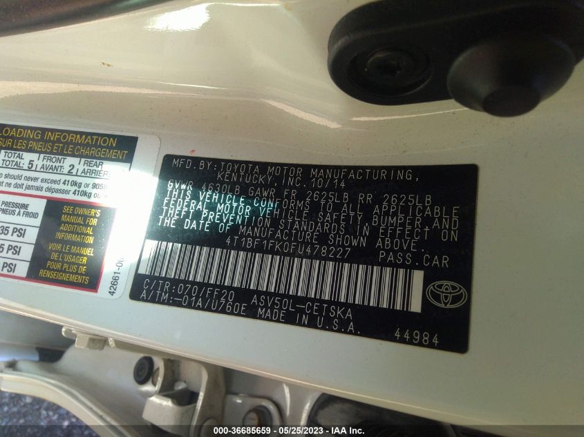 2015 TOYOTA CAMRY XLE/SE/LE/XSE - 4T1BF1FK0FU478227