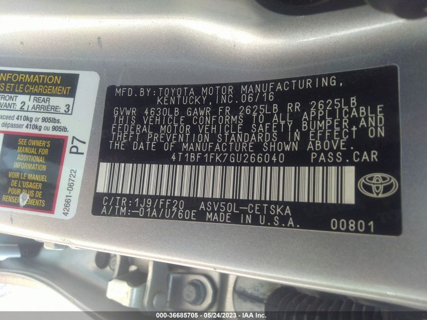 2016 TOYOTA CAMRY XLE/SE/LE/XSE - 4T1BF1FK7GU266040