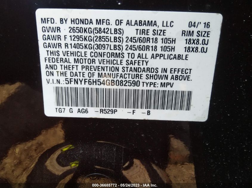 2016 HONDA PILOT EX-L - 5FNYF6H54GB082590