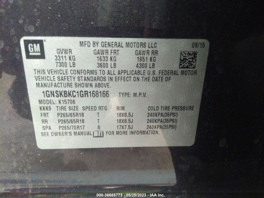2016 CHEVROLET TAHOE LT - 1GNSKBKC1GR168166