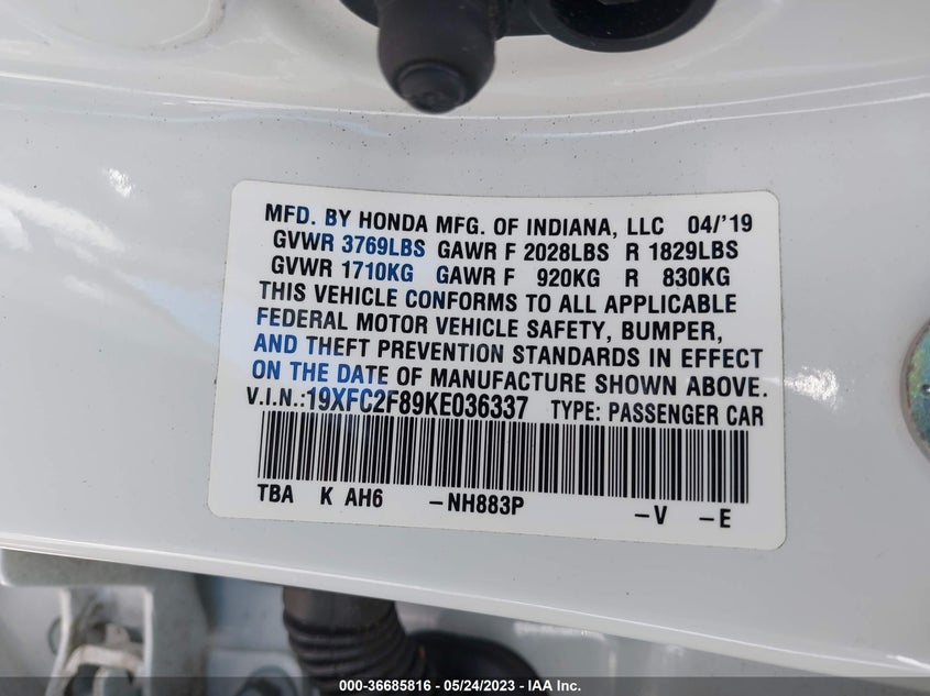 VIN 19XFC2F89KE036337 2019 HONDA CIVIC SEDAN SPORT