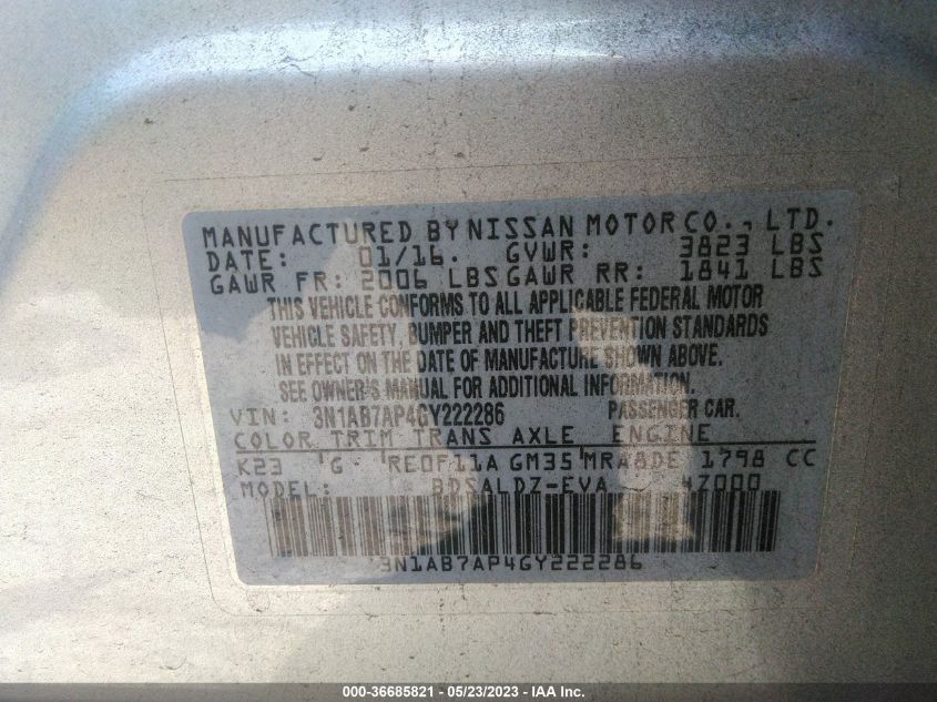 2016 NISSAN SENTRA SV - 3N1AB7AP4GY222286