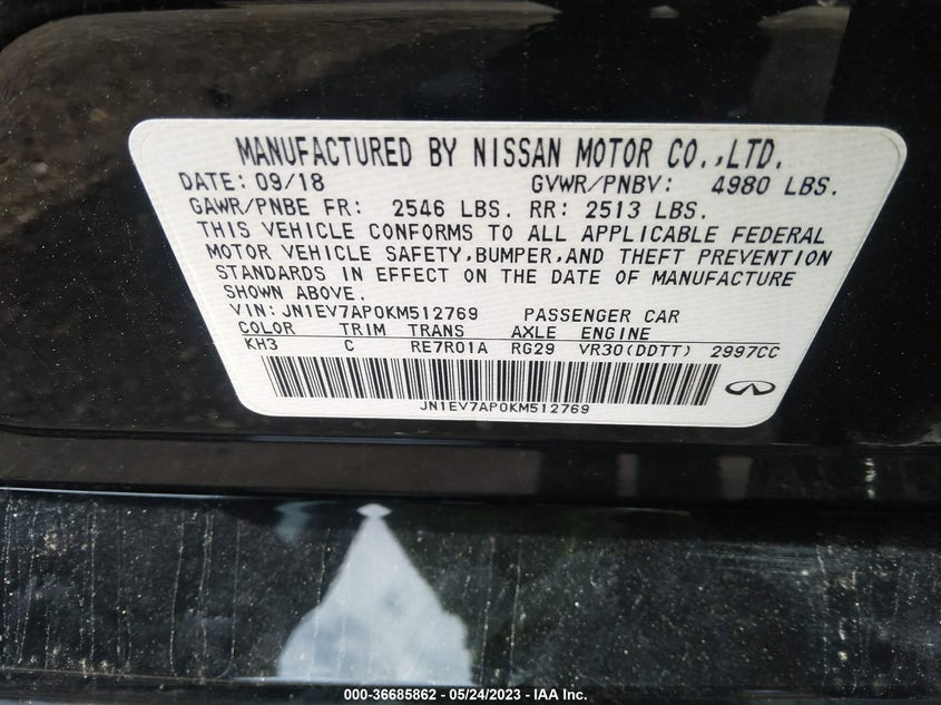VIN JN1EV7AP0KM512769 2019 INFINITI Q50 3.0T LUXE