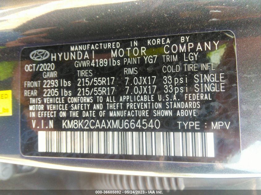2021 HYUNDAI KONA SEL - KM8K2CAAXMU664540