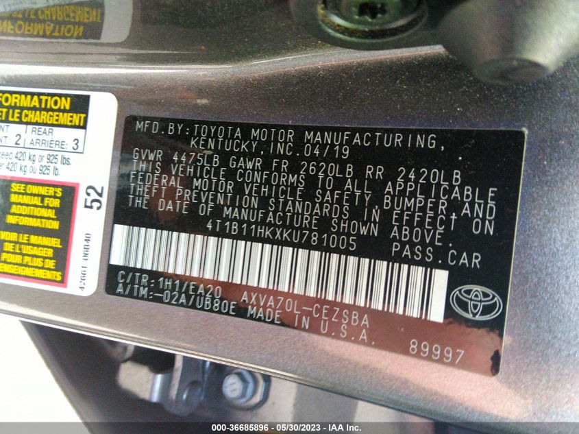2019 TOYOTA CAMRY SE - 4T1B11HKXKU781005