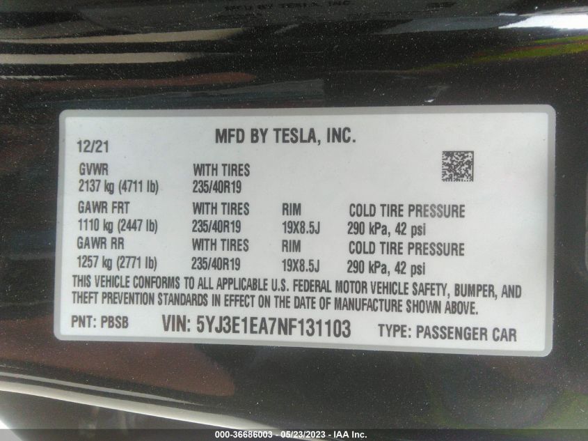 2022 TESLA MODEL 3 - 5YJ3E1EA7NF131103
