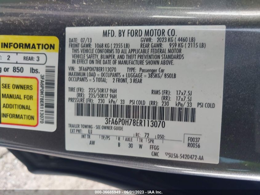 2014 FORD FUSION SE - 3FA6P0H78ER113070