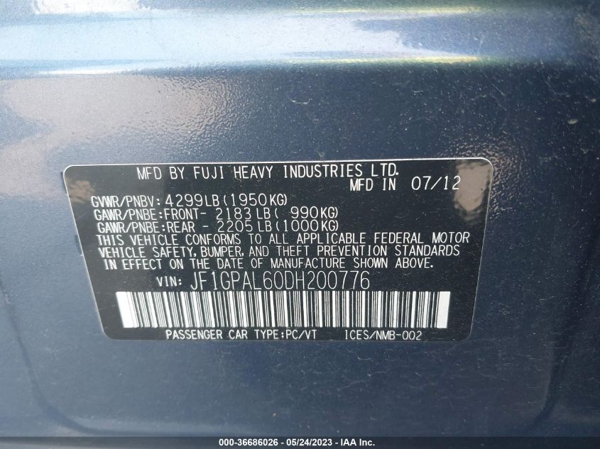 2013 SUBARU IMPREZA WAGON 2.0I SPORT PREMIUM - JF1GPAL60DH200776