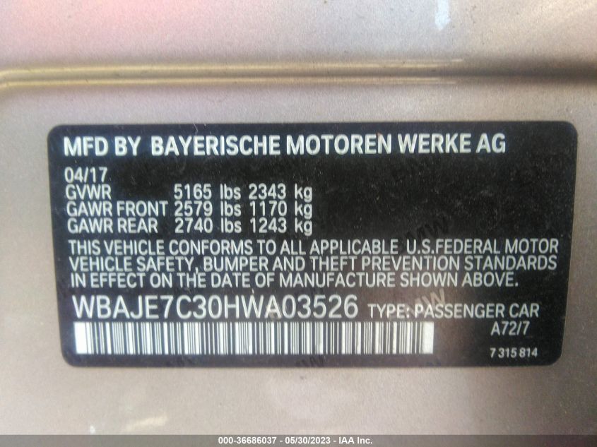 2017 BMW 5 SERIES 540I XDRIVE - WBAJE7C30HWA03526