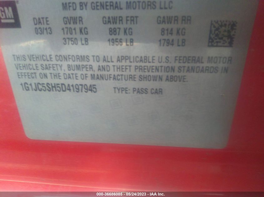 2013 CHEVROLET SONIC LT - 1G1JC5SH5D4197945