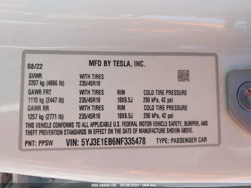 2022 TESLA MODEL 3 LONG RANGE - 5YJ3E1EB6NF335478