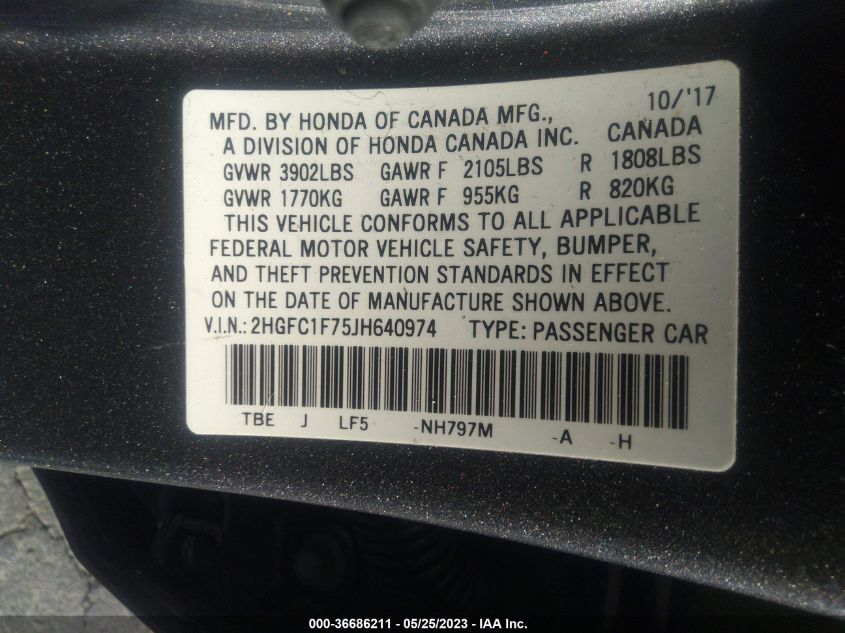 2018 HONDA CIVIC SEDAN EX-L - 2HGFC1F75JH640974