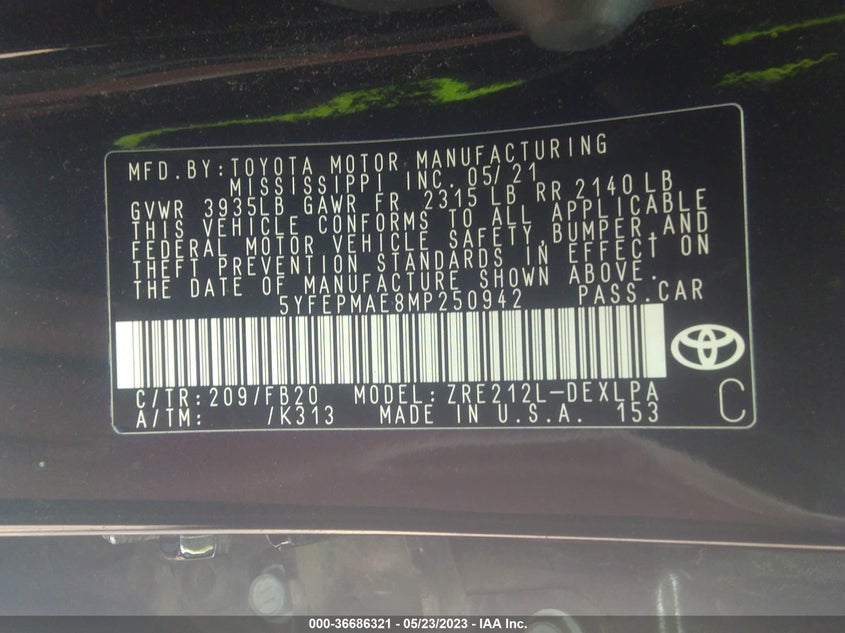 VIN 5YFEPMAE8MP250942 2021 TOYOTA COROLLA LE