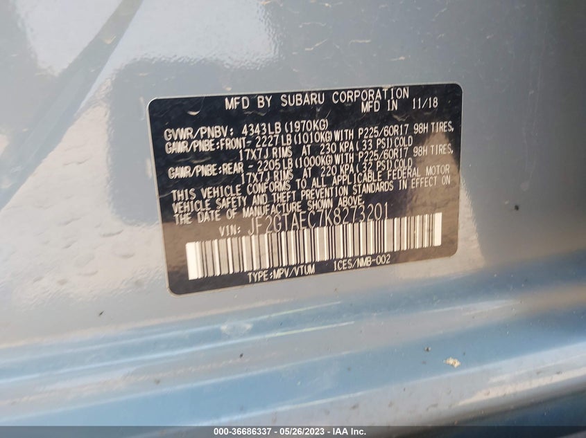 VIN JF2GTAEC7K8273201 2019 SUBARU CROSSTREK PREMIUM