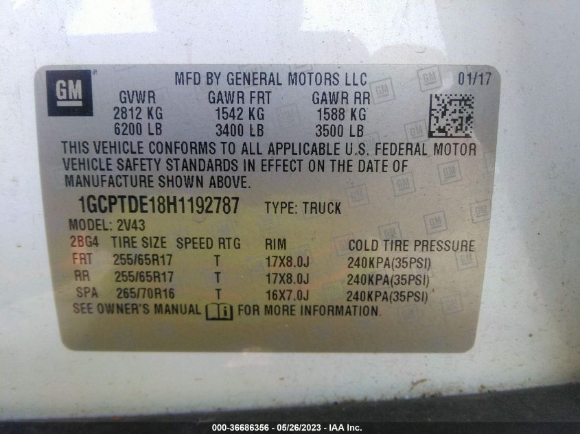 2017 CHEVROLET COLORADO 4WD Z71 - 1GCPTDE18H1192787