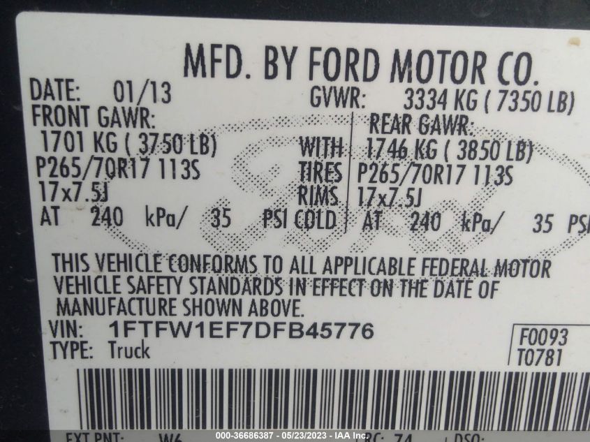 2013 FORD F-150 XL/XLT/FX4/LARIAT - 1FTFW1EF7DFB45776