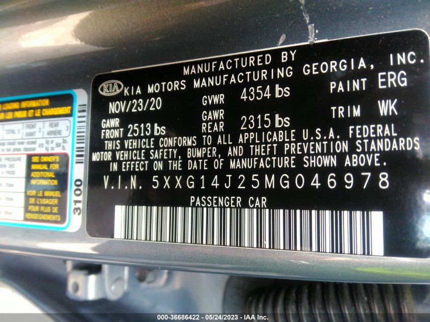 2021 KIA K5 LXS - 5XXG14J25MG046978