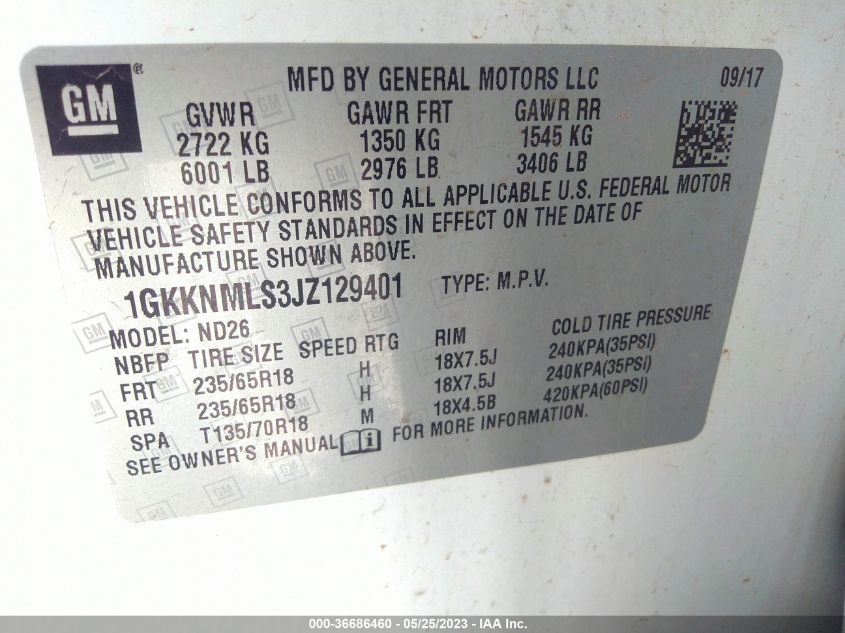 2018 GMC ACADIA SLT - 1GKKNMLS3JZ129401