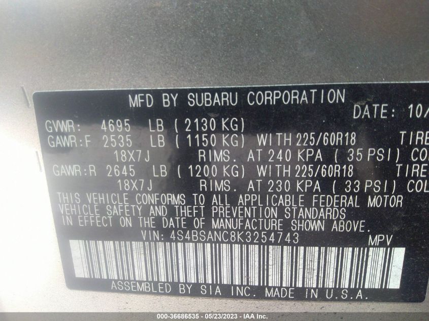 2019 SUBARU OUTBACK LIMITED - 4S4BSANC8K3254743